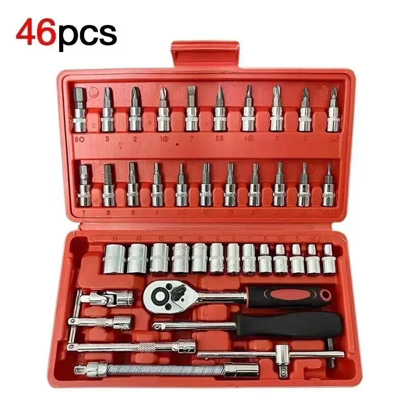 46pcs Socket Wrench Set Motorcycle Car Repair Tool Repair Ratchet Screwdriver Combination Household DIY Mechanical Tool Box