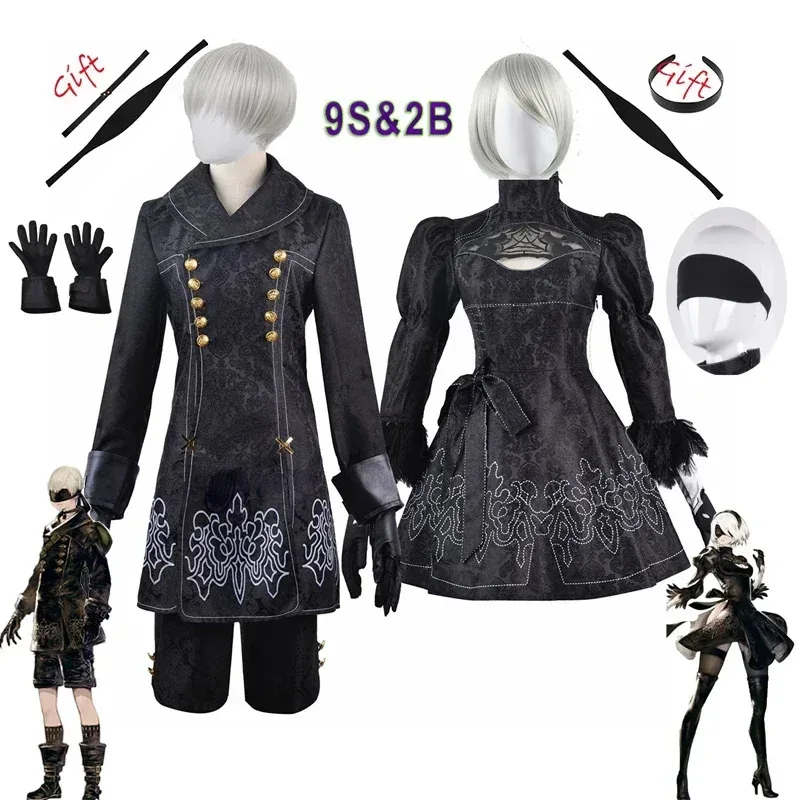 

Anime Nier Automata Cosplay 9S Yorha 2B Cosplay Suit Male Women Outfit Wig Disguise Costume Plus Size Fancy Party Black Dress
