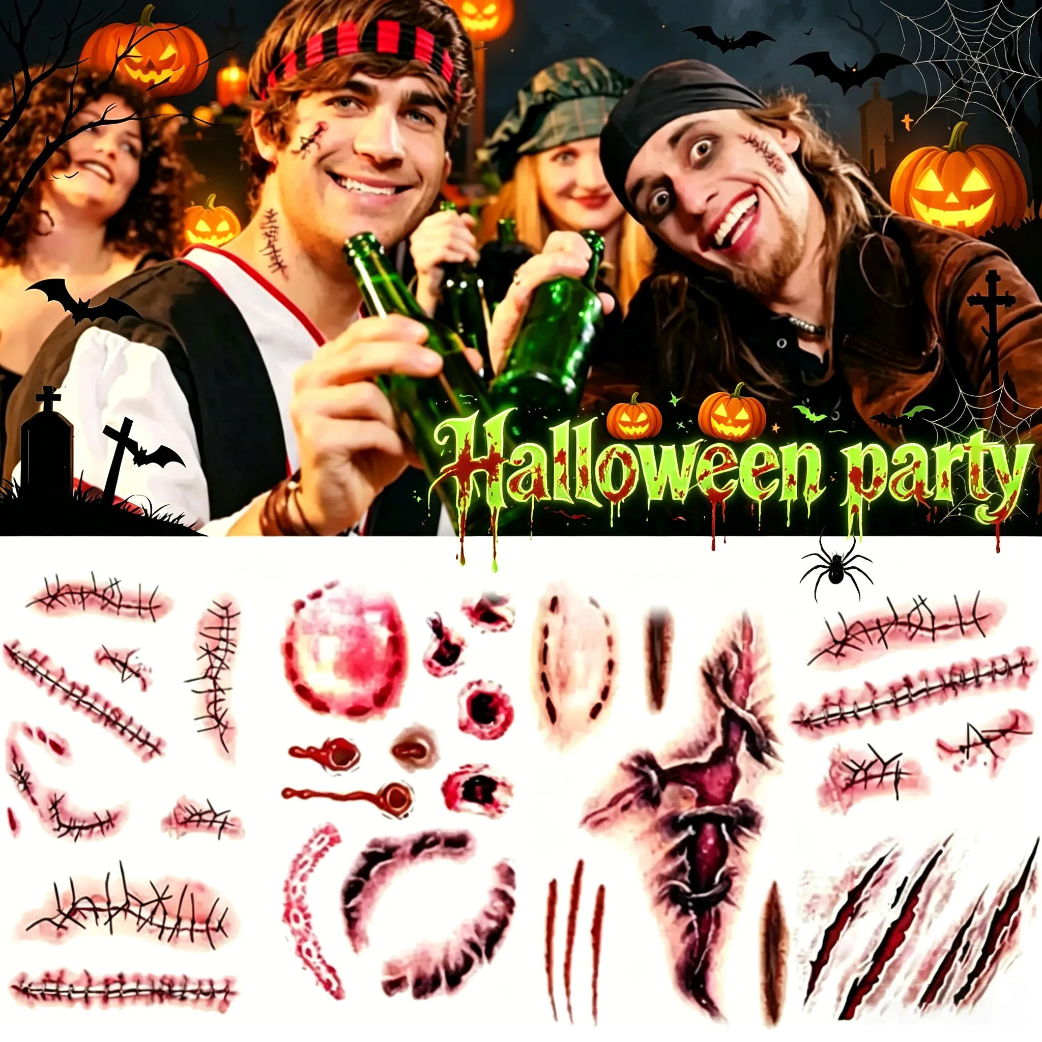 Realistic Horror Fake Wound Temporary Tattoos Gruesome Gore Scars Sutures Scabs Waterproof Halloween Prank Makeup Props