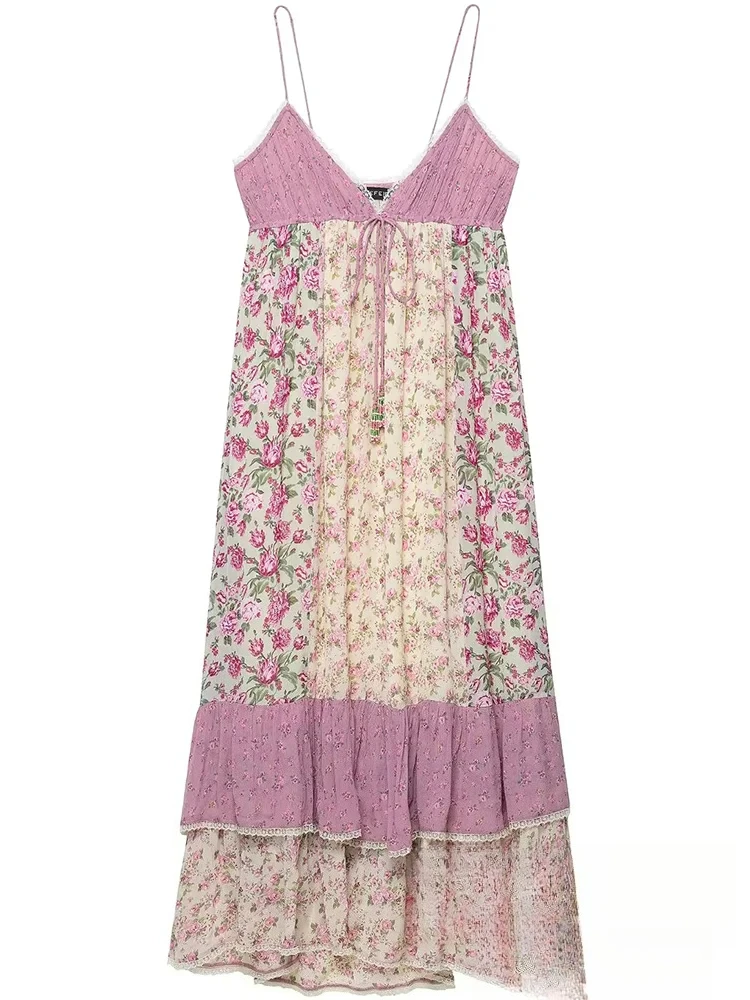 Sukienka damska KONDALA Beach Chic, patchworkowa, kwiatowa, bez rękawów, długa, prosta, typu vestidos, modna, elegancka sukienka w stylu boho na jesień 2025.