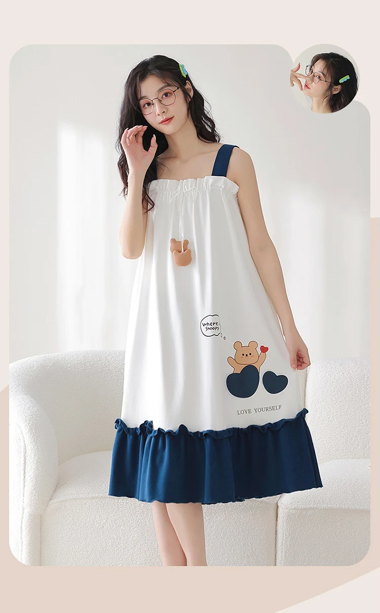 2025 Summer Cotton Cute Cartoon Bear Print Sweet Ruffles Suspender Pajamas Girl New Sexy Square Collar Comfortable Loungewear