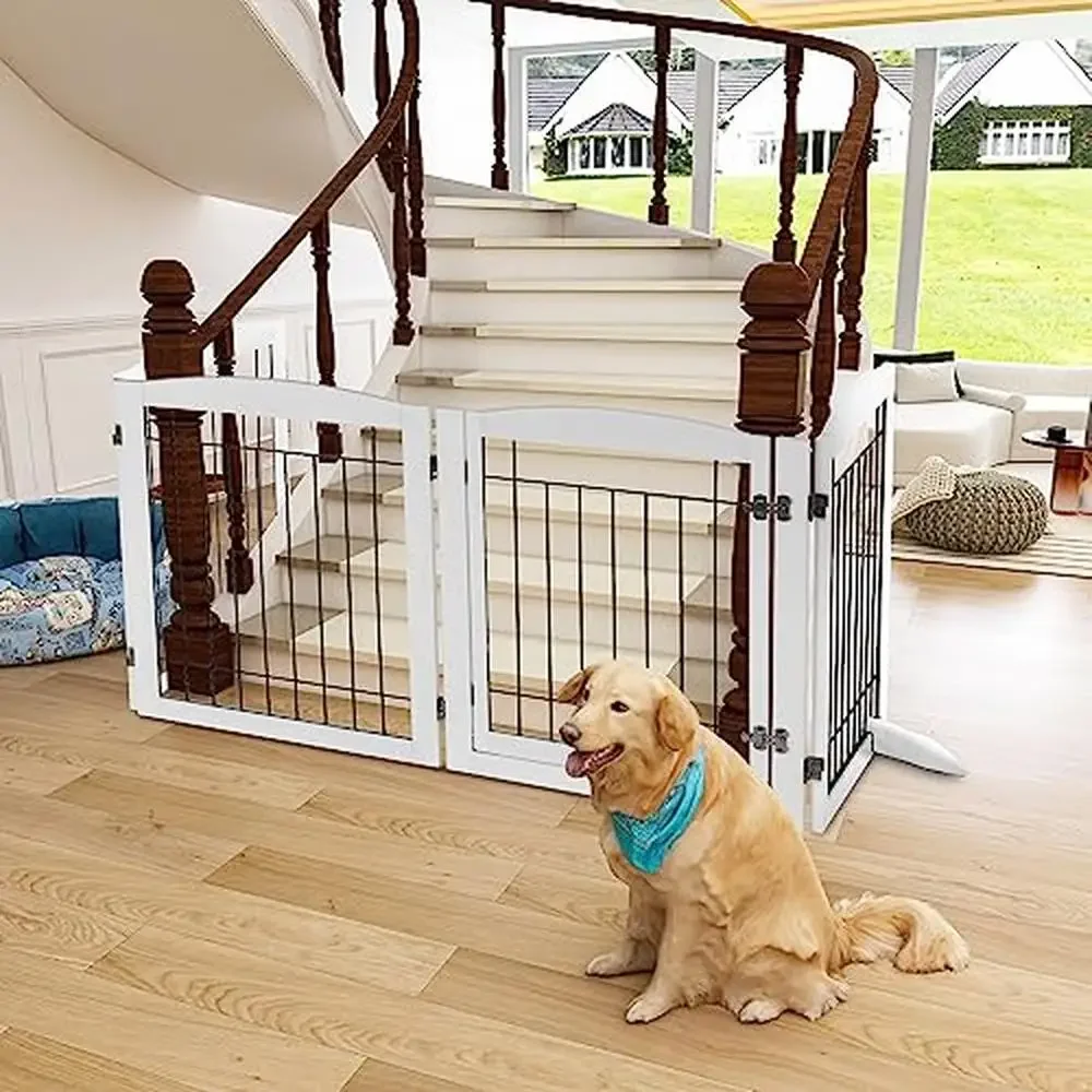 Foldable Wooden Pet Gate with Safety Door Indoor Dog Fence House Stairs Doorways Robust Metal Design Non-Slip Support Feet