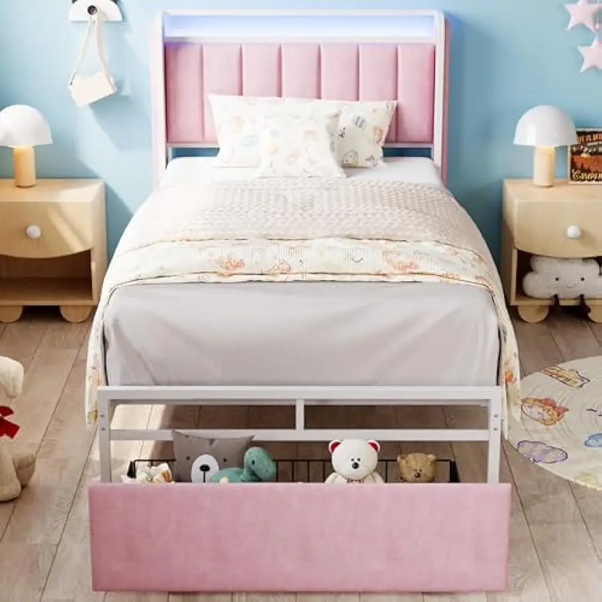 Twinsize bedframe met armleuningen, hoofdeinde en RGB-licht, gestoffeerd Twinsize bedplatform met lades, geen boxspring