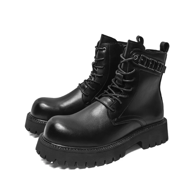 Black Thick Soled Men High Top Boots Solid Color Height Increasing Business Simple Fashionable Casual Men Boots
