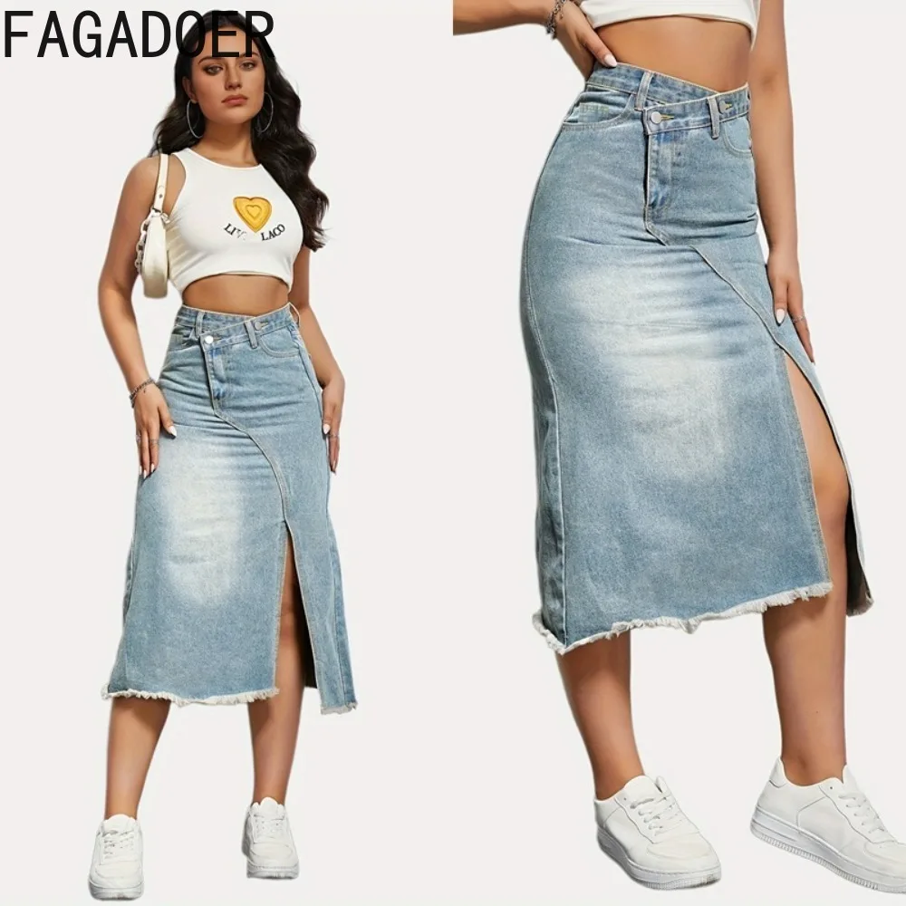 FAGADOER Vintage Denim Casual Slit Skinny Skirts Women High Waisted Button A-line Skirts Fashion Female Cowboy Straight Bottoms