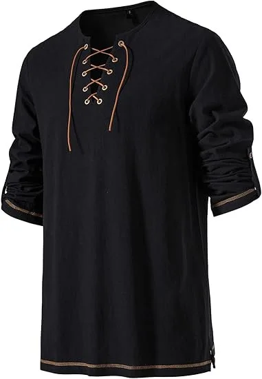 Mittelalterliches Schnür-Tunika-Hemd für Herren, Renaissance-Wikinger-Piraten-Kostüm, langärmliges Retro-Oberteil mit Gürtel für Halloween-Cosplay – Detail 14