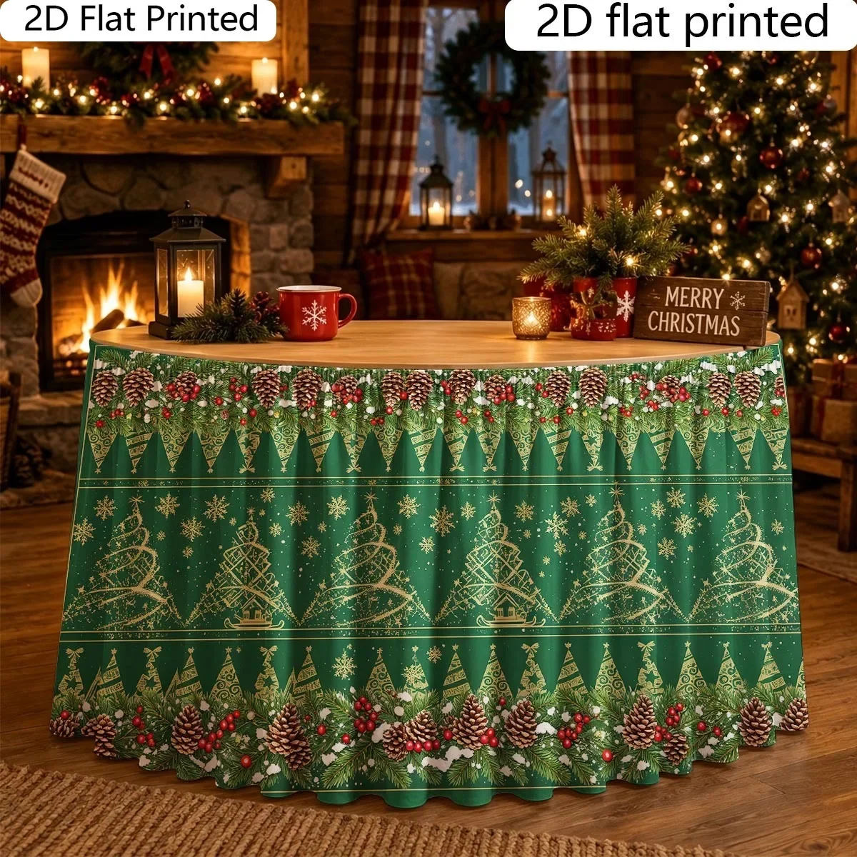 Table skirt 1 piece, 2D flat, pine cone and fruit pattern, polyester fiber, high-quality and durable version