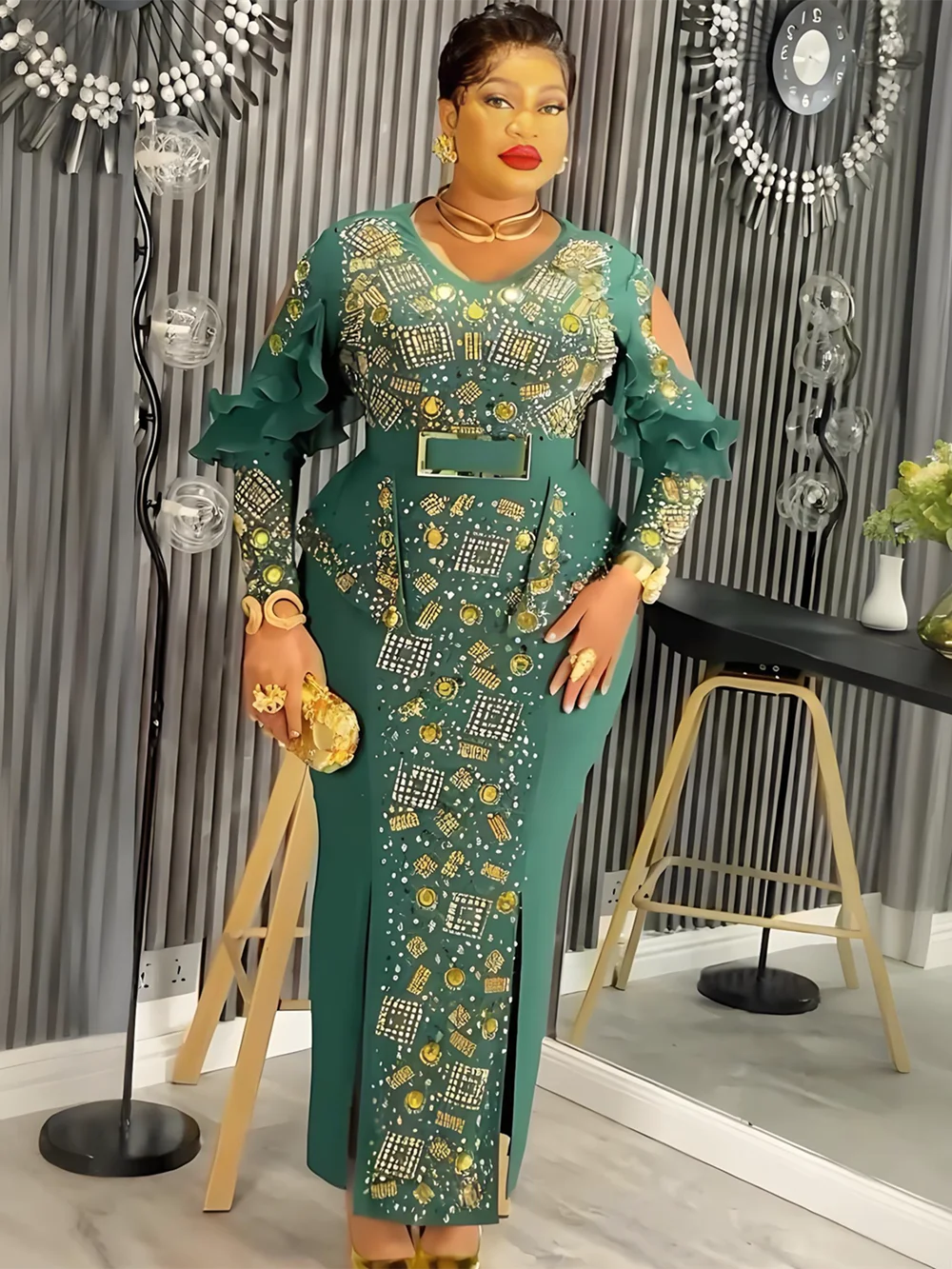 فساتين الحفلات الأفريقية مقاس كبير للنساء Dashiki Diamond Bodycon شق فستان طويل أنيق تركيا مسلم ثوب مسائي الزفاف