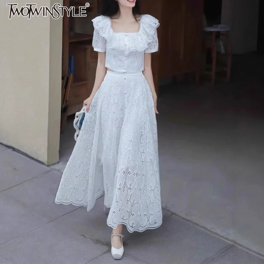 

TWOTWINSTYLE однотонные утягивающие комплекты из двух предметов для женщин, квадратный вырез, короткие рукава, топ с оборками, юбки с высокой талией, женские новые