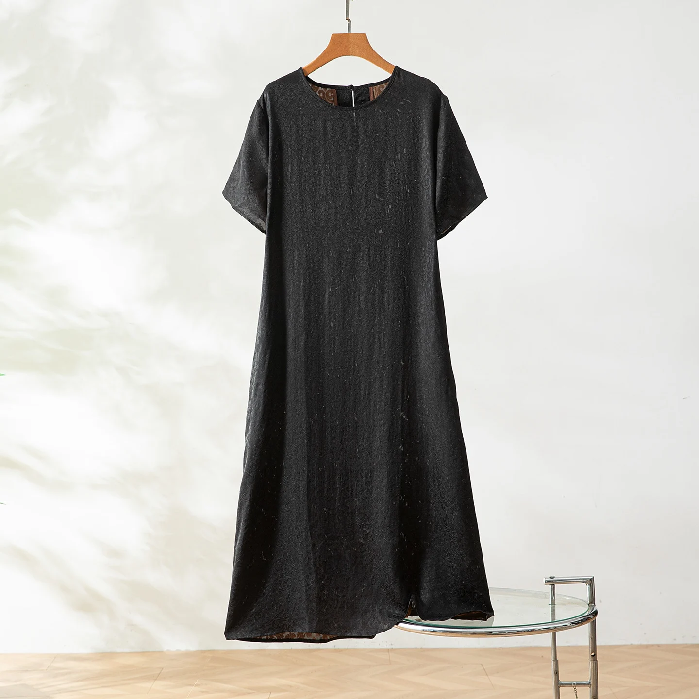 Winsleter-Women 100%Real Silk Watered Gauze Elegant Dress, O Neck Jacquard, Retro Commute Casual Dresses, 2025 Autumn D58406CC