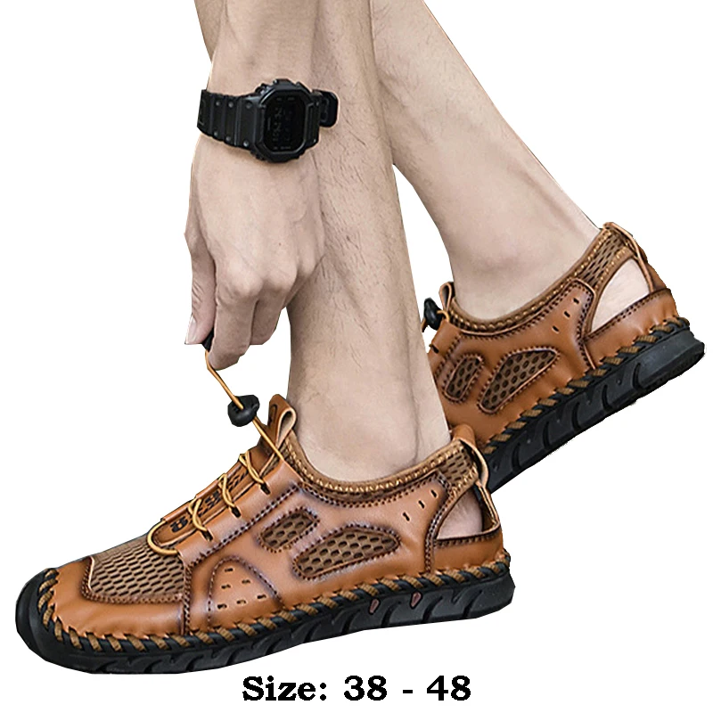 

High quality leather flat sandals for men round toes new summer 2024 size 47 48 casual outdoor walking big size shoe green brown