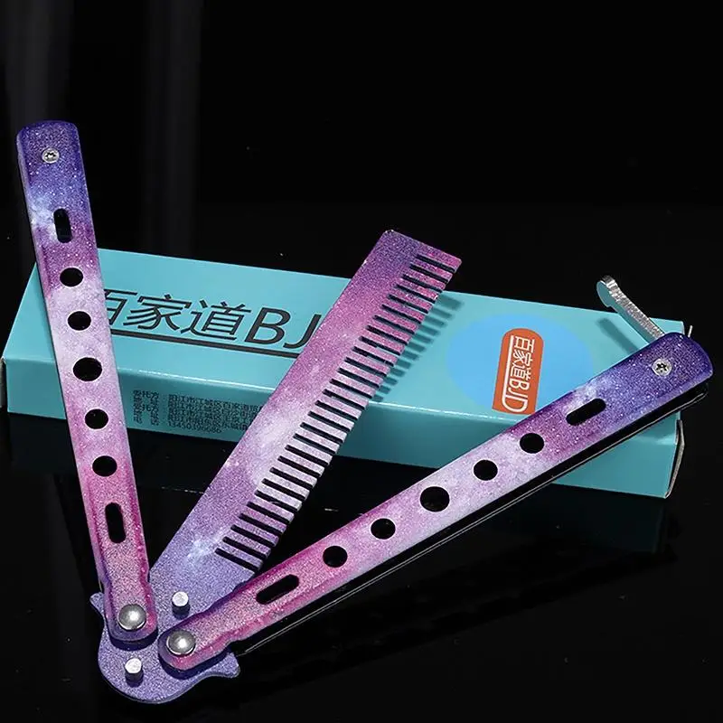 Stainless Steel Foldable Butterfly Knife Comb Lightweight Beard Moustache Brush for Men Outdoor Hiking Hair Grooming