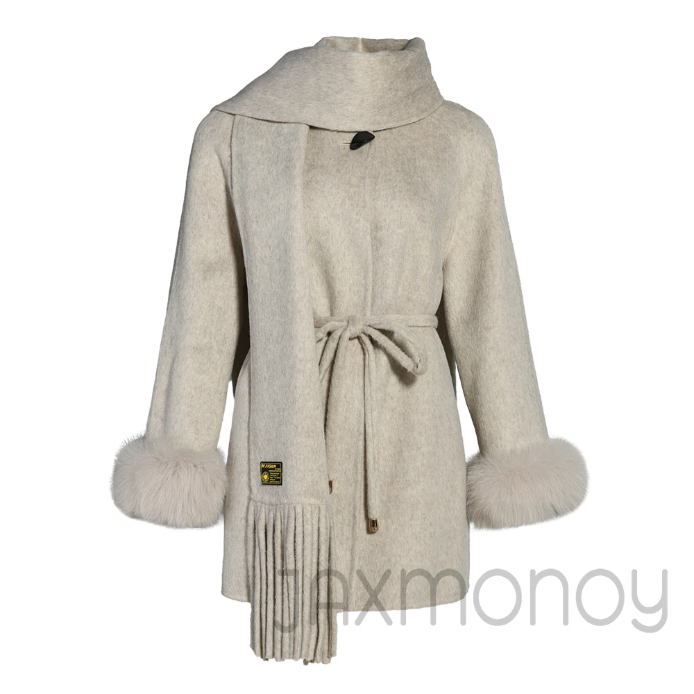Jaxmonoy Women's Double Faced Cashmere Coat Wool Jacket Scarf Two Pieces Set Ladies Winter Wool Coats Fashion Warm 2025 New Come