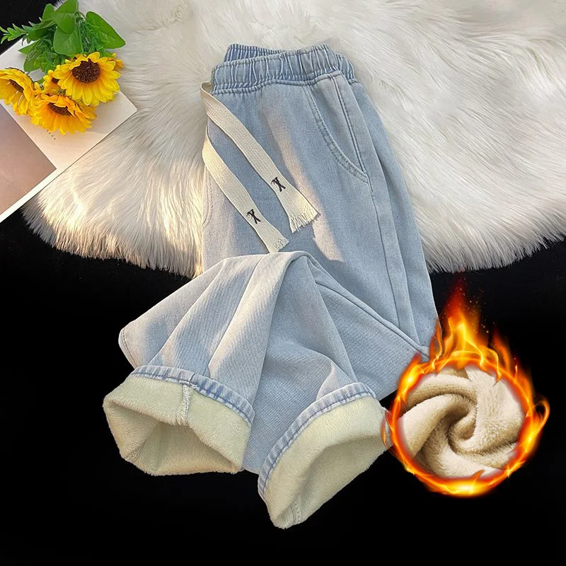 

Толстые зимние прямые мужские джинсы, флисовые теплые свободные плюшевые брюки, модные повседневные широкие плюшевые джинсовые брюки, мужские