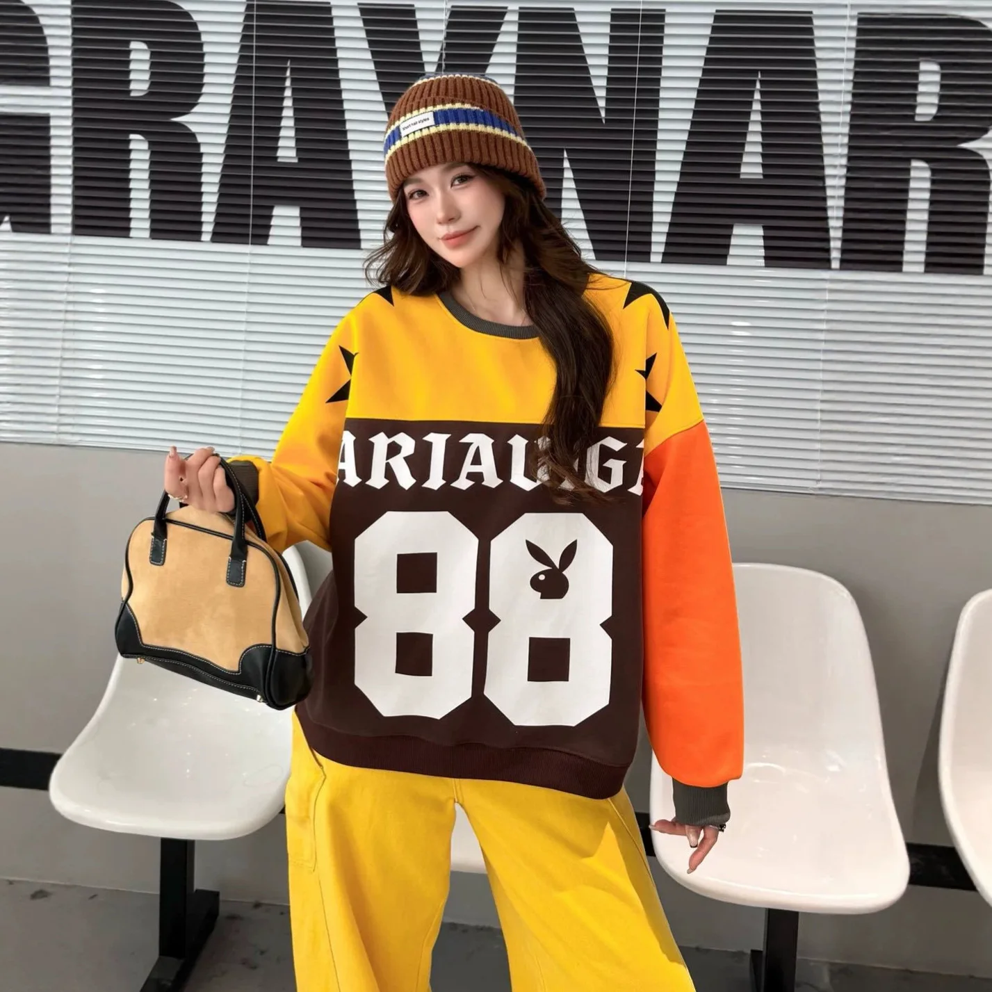 2026 Autumn Multicolour Patchwork Oversized Pullover Sweatershirts Woman Casual Loose Pentagram O Neck Long Sleeve Outwears