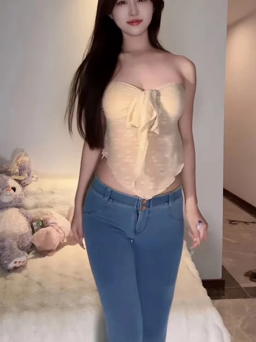 Low Waist Peach Butt Denim Jeans Women's Thin Fitness Pants Tight Elastic Ankle Sexy Butt Lifting Cotton Stretch Denim