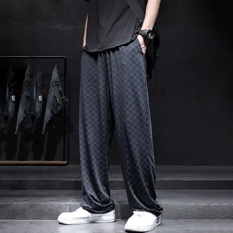 市松模様プリントパンツ男性ストレートルーズ大きいサイズ夏のアイスシルクパンツワイドレッグ巾着ストレッチスポーツズボン