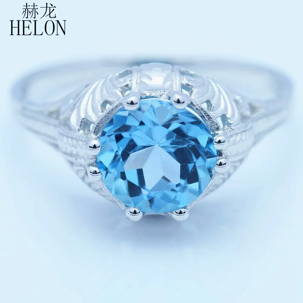 

HELON Solid 14k 10k White Gold Flawless Round 8mm Genuine Blue Topaz Vintage Fine Jewelry Engagement Wedding Ring Women Gift