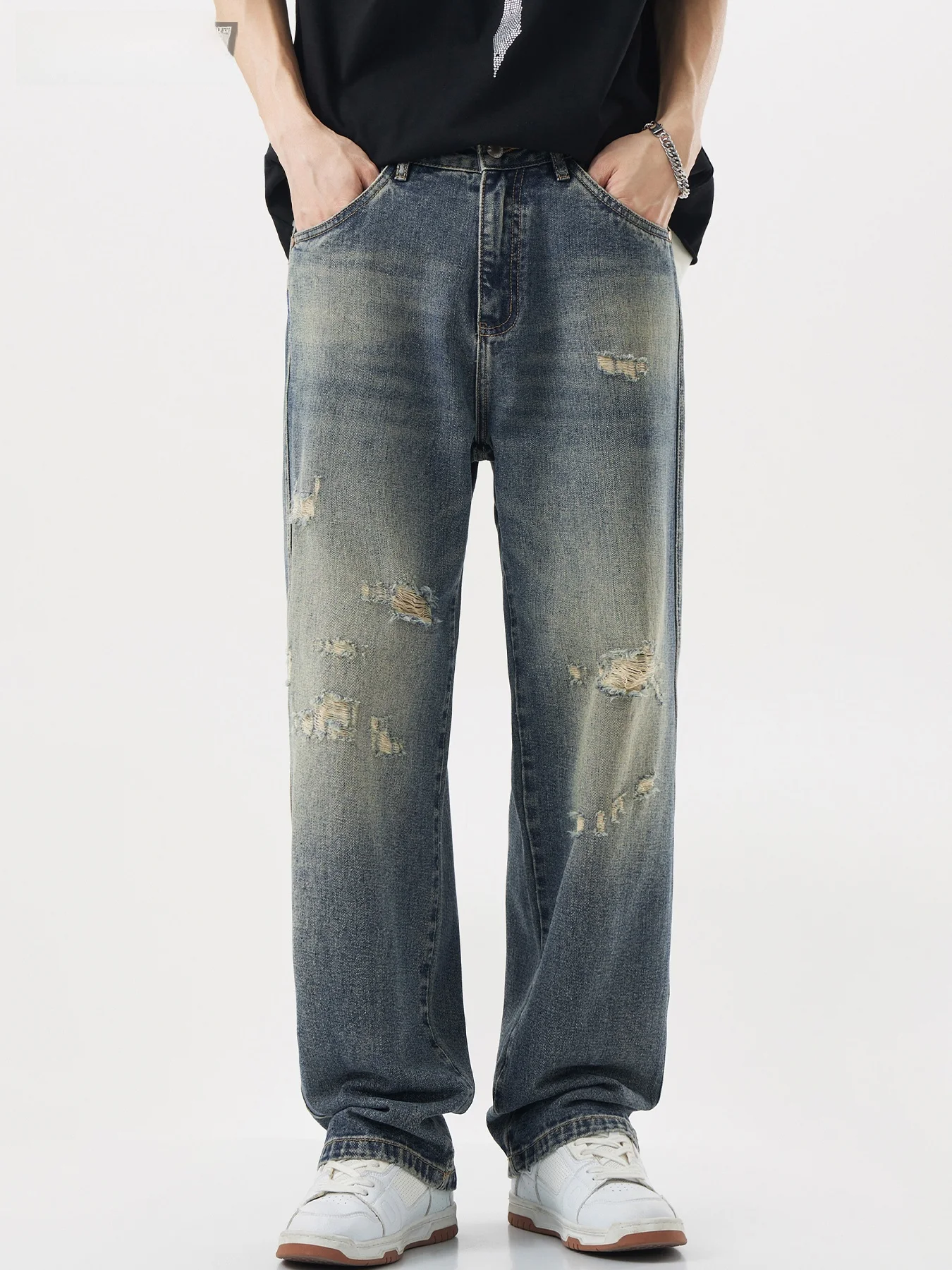 

Ретро американские широкие джинсы, мужские летние тонкие свободные прямые брюки, модные мужские брюки, хлопковые джинсы с высокой талией