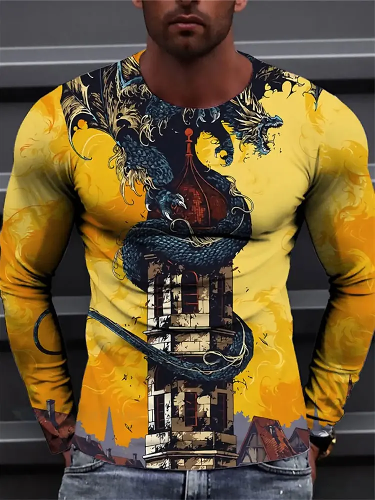 Camiseta de manga larga con diseño de dragón oriental para hombre, camiseta gráfica 3D con motivos de pagoda amarilla, estilo mitológico y fantástico, prenda de vestir de estilo vintage para la calle.