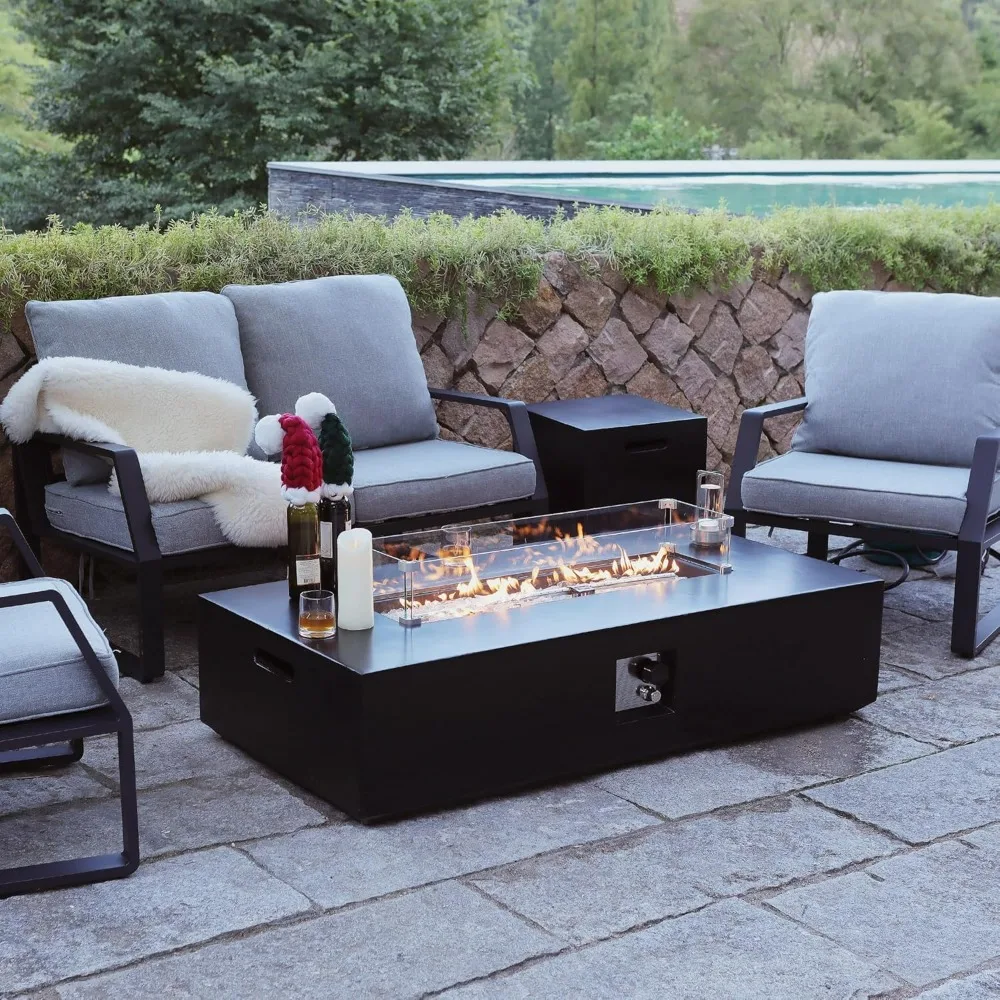 

56 Inch Propane Fire Pit Table, (50,000 BTU), 3 Piece Gas Fire Pit in Black w Glass Wind Guard and White Fire Glass for Garden