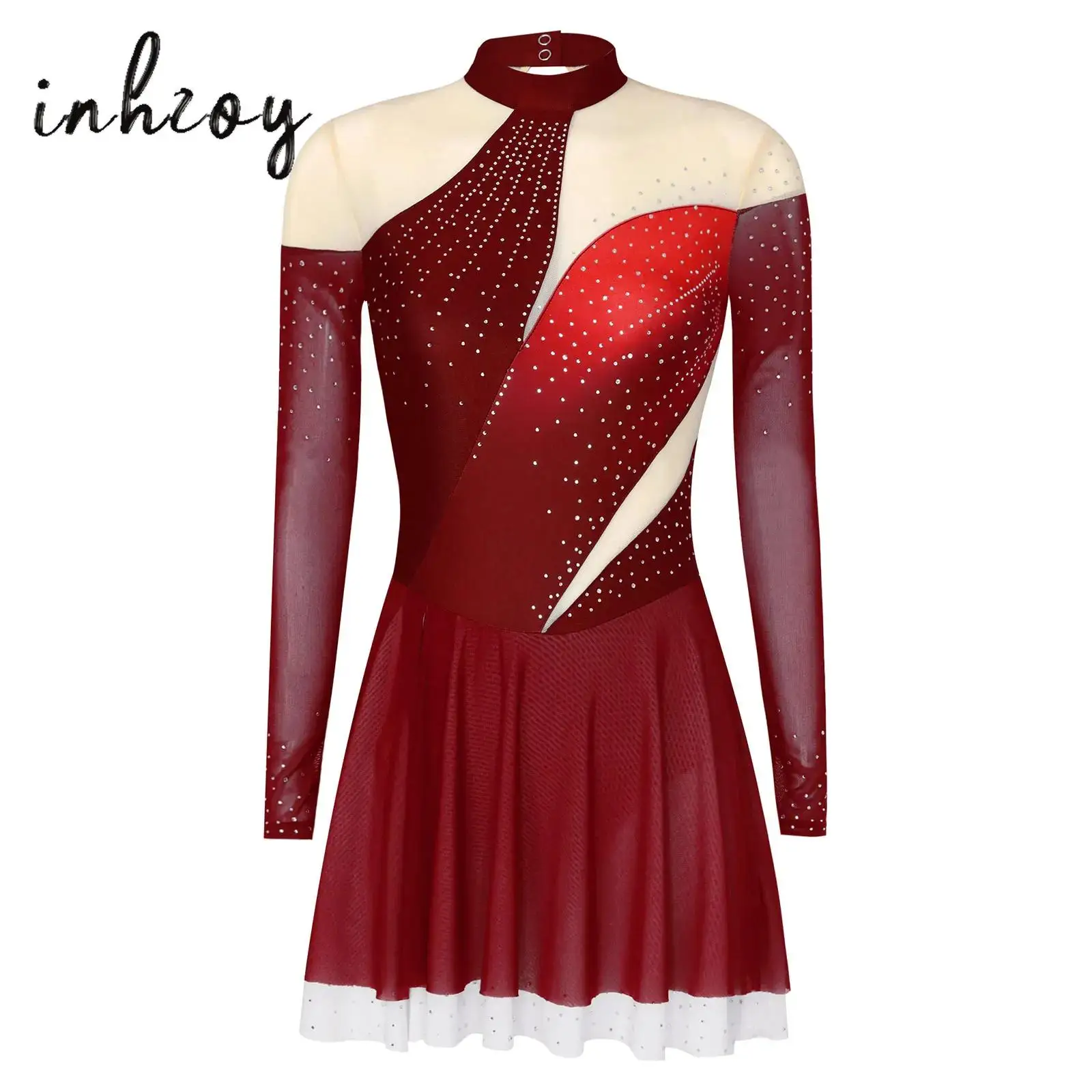 

Women Figure Skating Dress Shiny Rhinestones Gradient Color Mesh Long Sleeve Mesh Ruffled Hem Dress Ballet Lyrical Dance Costume