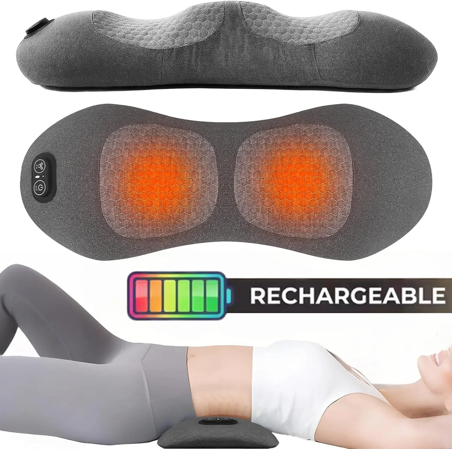 Rechargeable Smooth Triple Spine Fusion Back Massager Pillow Heat Vibration Stretch Memory Foam for Home Office Car Travel Black