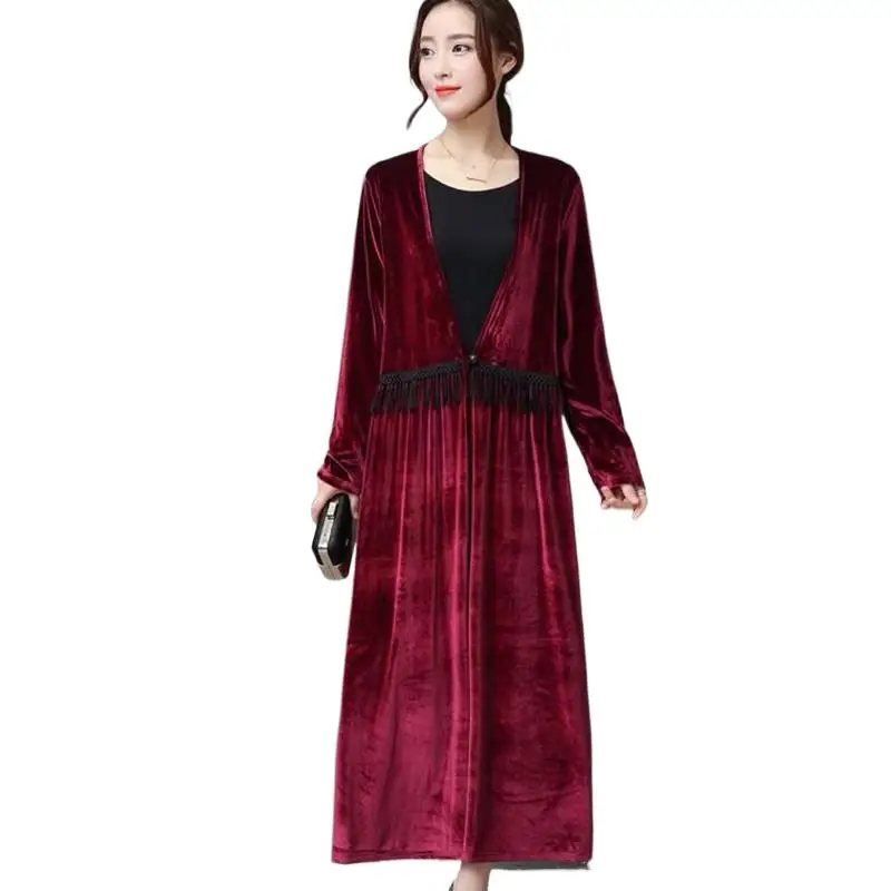 Manteau Long en velours pour femme, vêtement d'extérieur décontracté, mode automne hiver, Cardigans en velours doré français, robe à franges