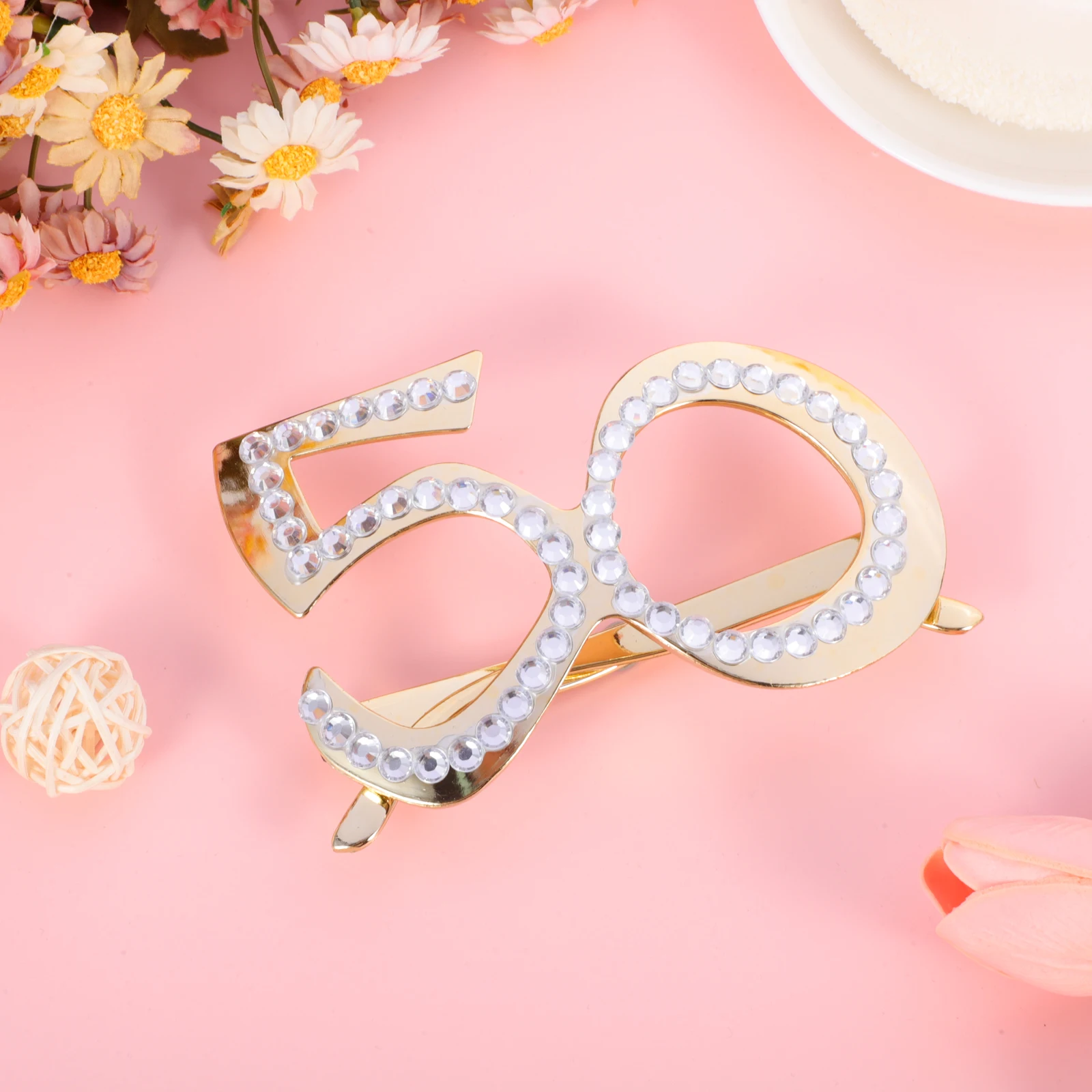 

1 Pair 50Th Birthday Rhinestone Number Glasses Shining Decorative Eyewear Party Photo Props Anniversary Celebration Favors For