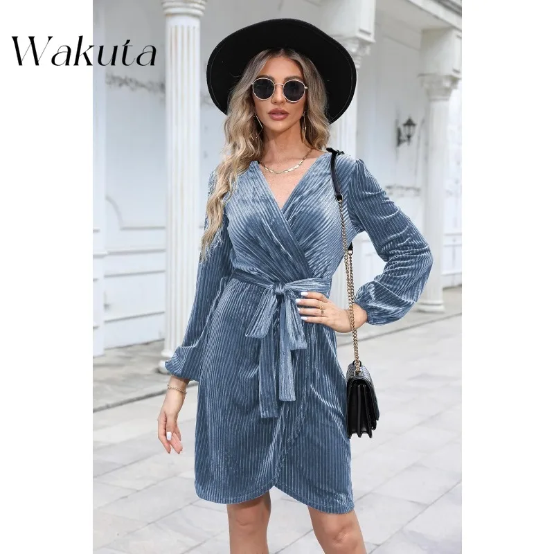 Wakuta Women's Long Sleeve Wrap Robe Semi Formal Velvet Mini Gown Sexy V Neck Cocktail Christmas Party Dress Mother of The Groom