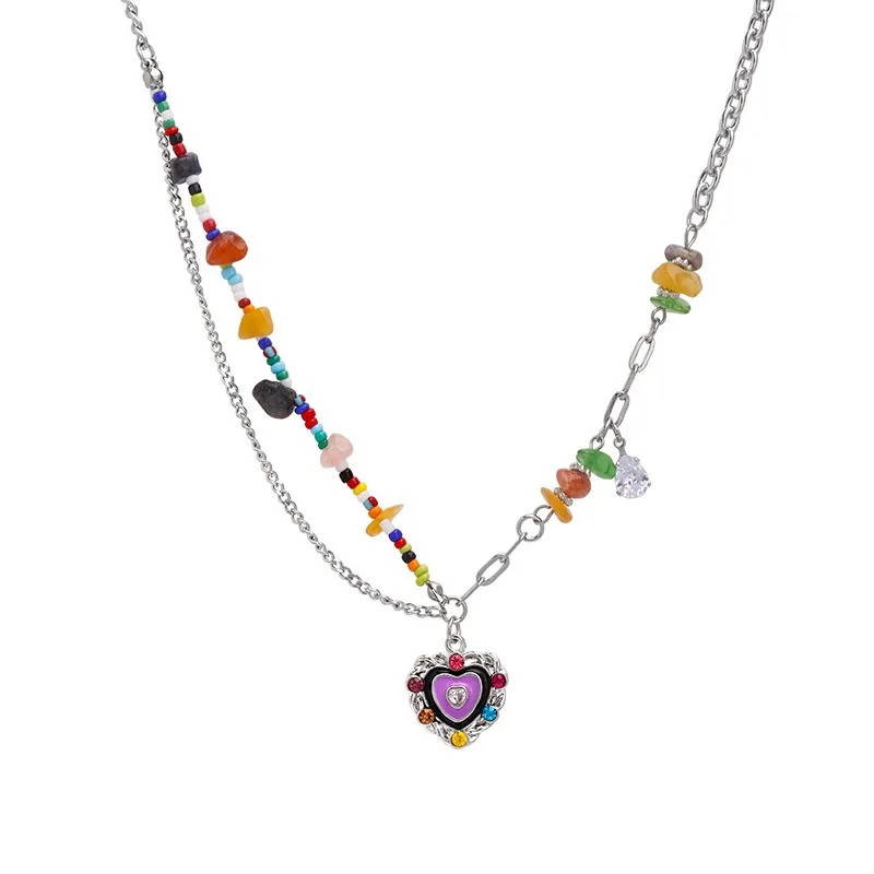PANJBJ 925 Sterling Silver Colored Stones Satr Drip Glaze Necklace For Women Girl Ins Kpop Double Layer Jewelry Dropshipping image 2