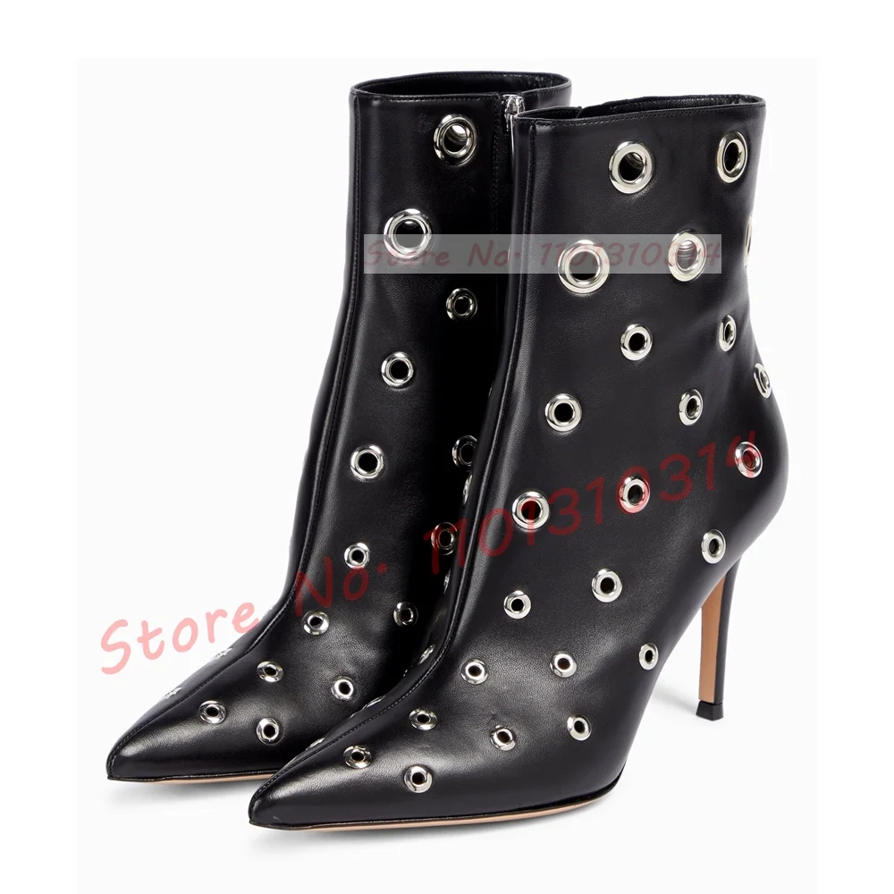 Pointy Metal Eyelet Long Boots Ladies Sexy Matte Leather High Heels Boots Streetwear Women Punk Side-zip Casual Outfit Shoes