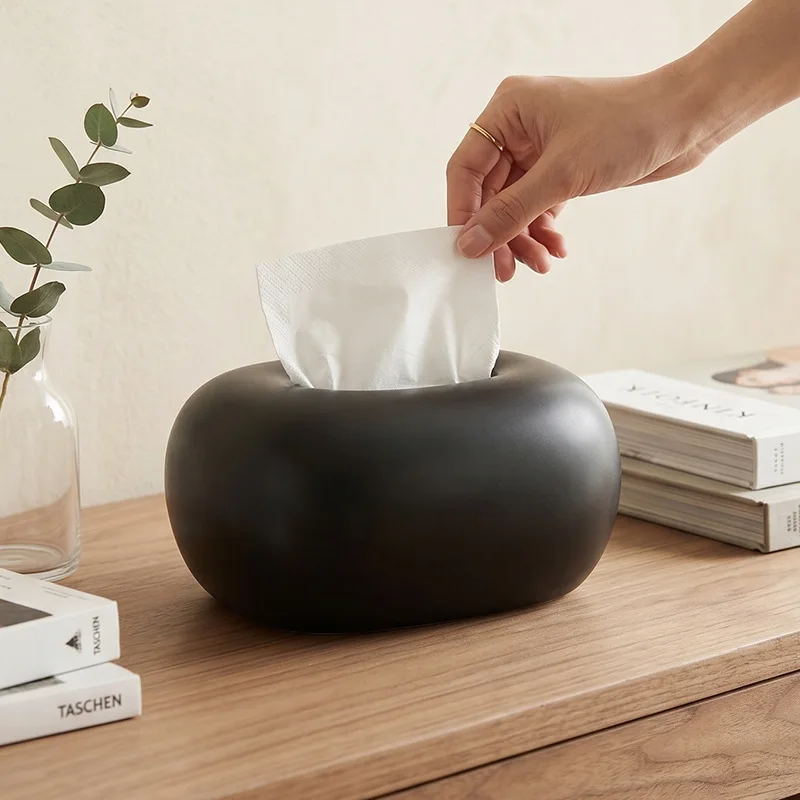 Matte Black Oval Tissue Box Cover Ceramic Napkin Holder Bathroom Living Room Decor Paper Tissue Home Desk Tissue Storage Case