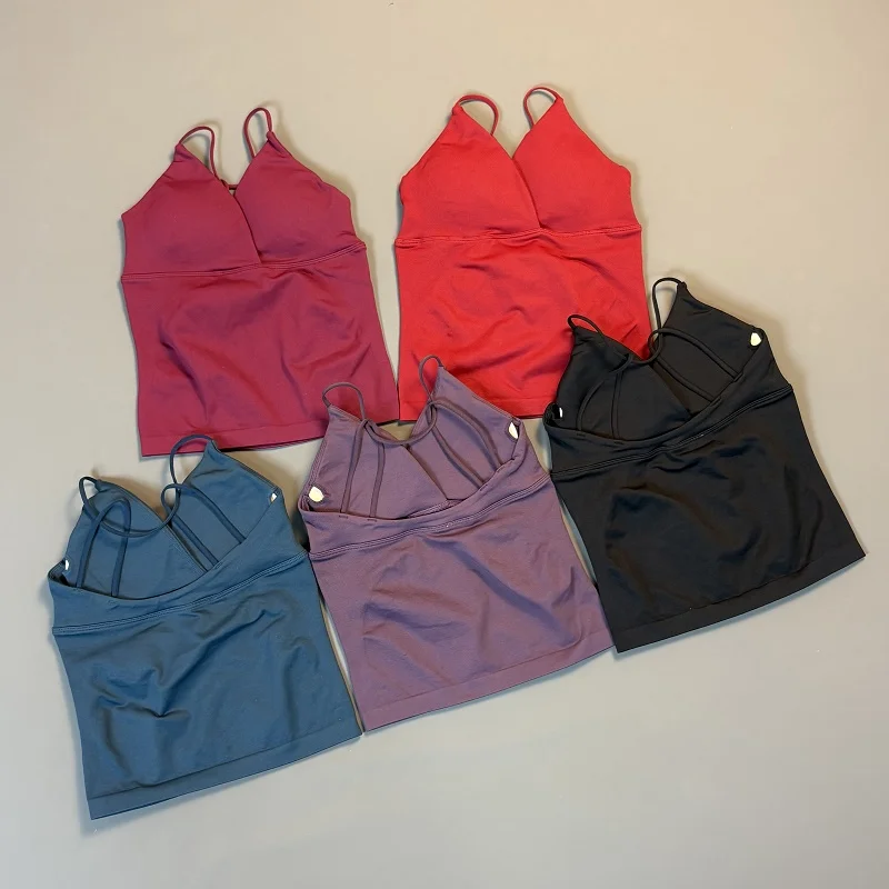 HISTELLO Vision Longline Gym Workout Top Women Cross Back Thin Strap Sports Yoga Top Removable Pads Fitness Activewear