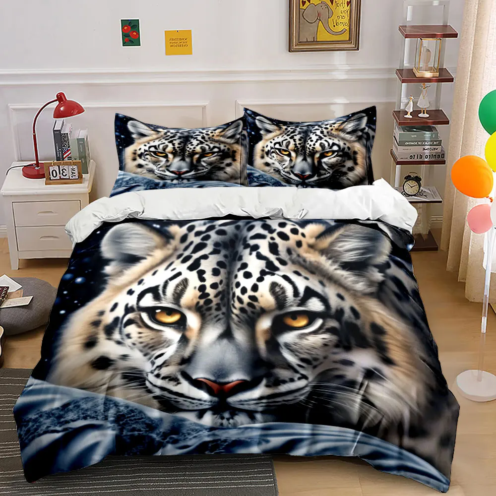 Realistic Starry Snow Leopard Animal print Bedding Set 3pcs,Soft Skin-Friendly Bedding Set Includes 1 Duvet Cover 2 Pillowcase