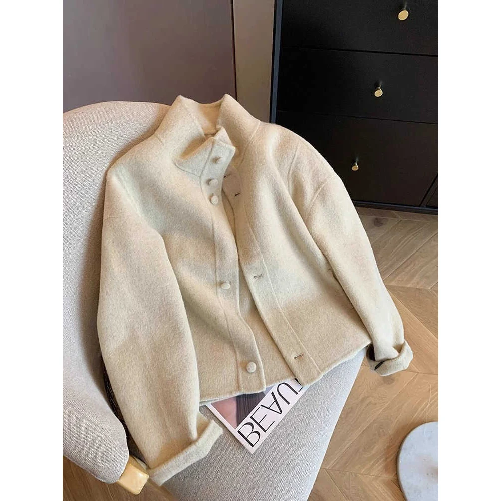 

Women Khaki Cropped Tweed Basic Jacket Turtleneck Woolen Overcoat Korean Outerwear Vintage 2000s Warm Coat Jacket Winter Autumn