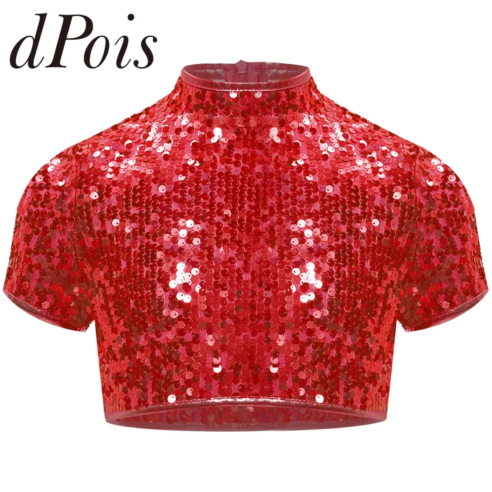 

Kids Fashion Girls Tops Sparkly Sequins Short Sleeve T-Shirts Jazz Dance Performance Costume Teens Mock Neck Crop Top Dancewear