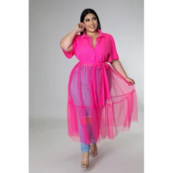 Vestido de retazos de malla de talla grande para mujer, blusa regordeta informal, ropa de fiesta holgada, vestido elegante y bonito para verano 2023