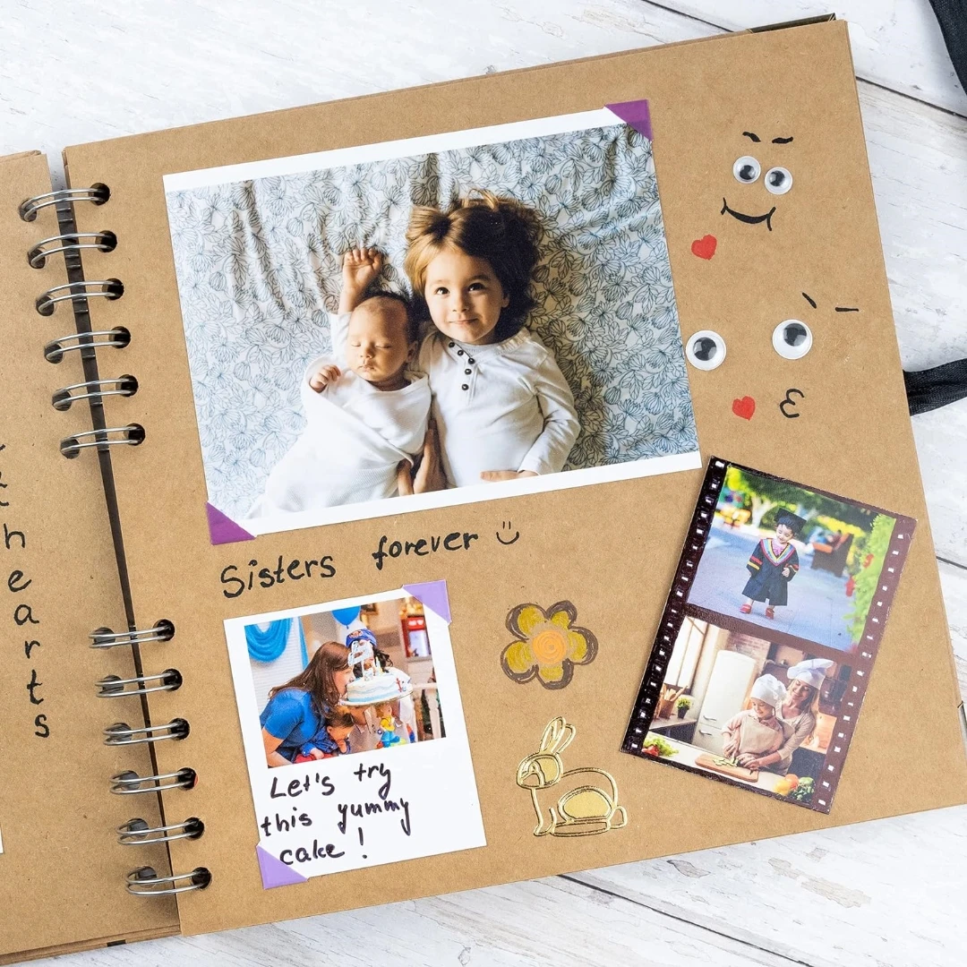 Scrapbook Album 60 Pages (8 x 8 inch) Black Thick 180gsm Kraft Paper, Corner Protectors - Scrap Book, Ribbon Closure