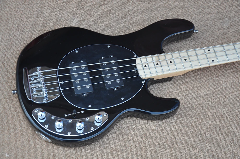 4 Strings Black Electric Bass Guitar with Flame Maple Neck,Maple Fretboard,Active Circuit,Strings Through Body