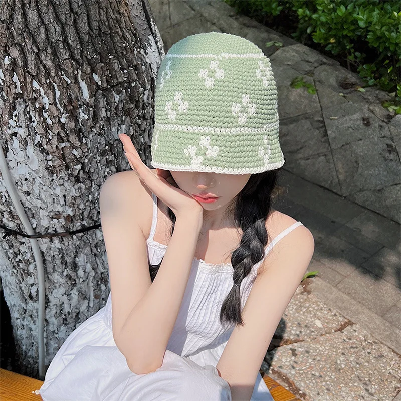 Kapelusz z dzianym kwiatem koreańskiej wersji wiosna lato szydełka rybak czapka kobiety Handmade Panama kapelusze wiadro Sombreros De Mujer — zdjęcie 4