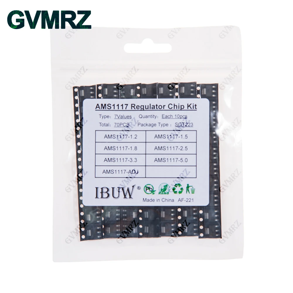 70PCS 7Values AMS1117 Regulator Chip Kit SOT223 (1.2/1.5/1.8/2.5/3.3/5.0/ADJ) for Arduino DIY Electronic Power Supply Project