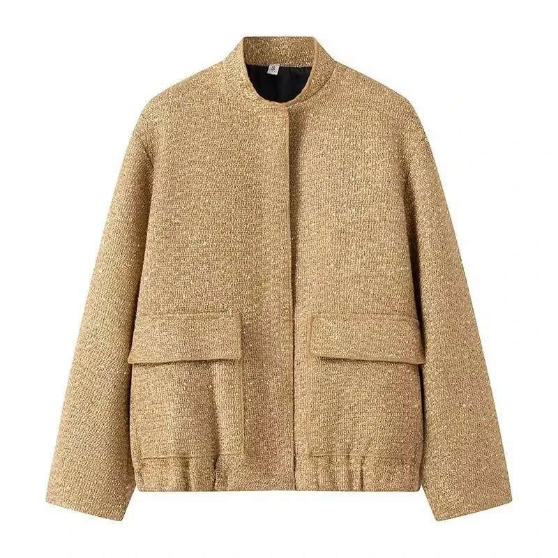 2025 Autumn Winter Women's Shiny Gold Sequin Jacket Y2k Fall O Neck Stand Collar Long Sleeve Short Coat Ladies High Streetwear