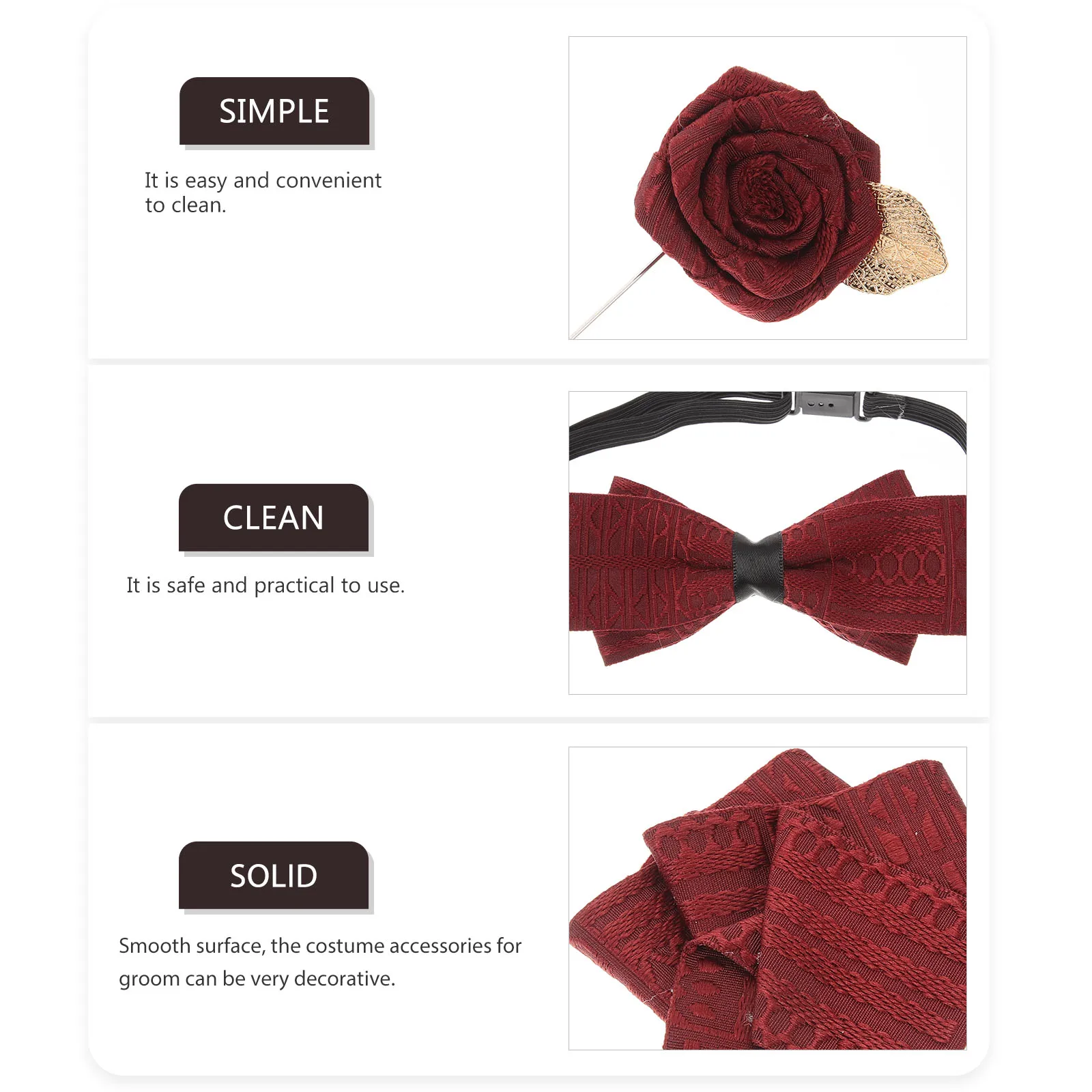 

1 set Men Bow Tie Lapel Pin Set Groom Accessories Wedding Bridegroom 03 Wine Red H kerchief Tuxedo Shirt Brooch Suit