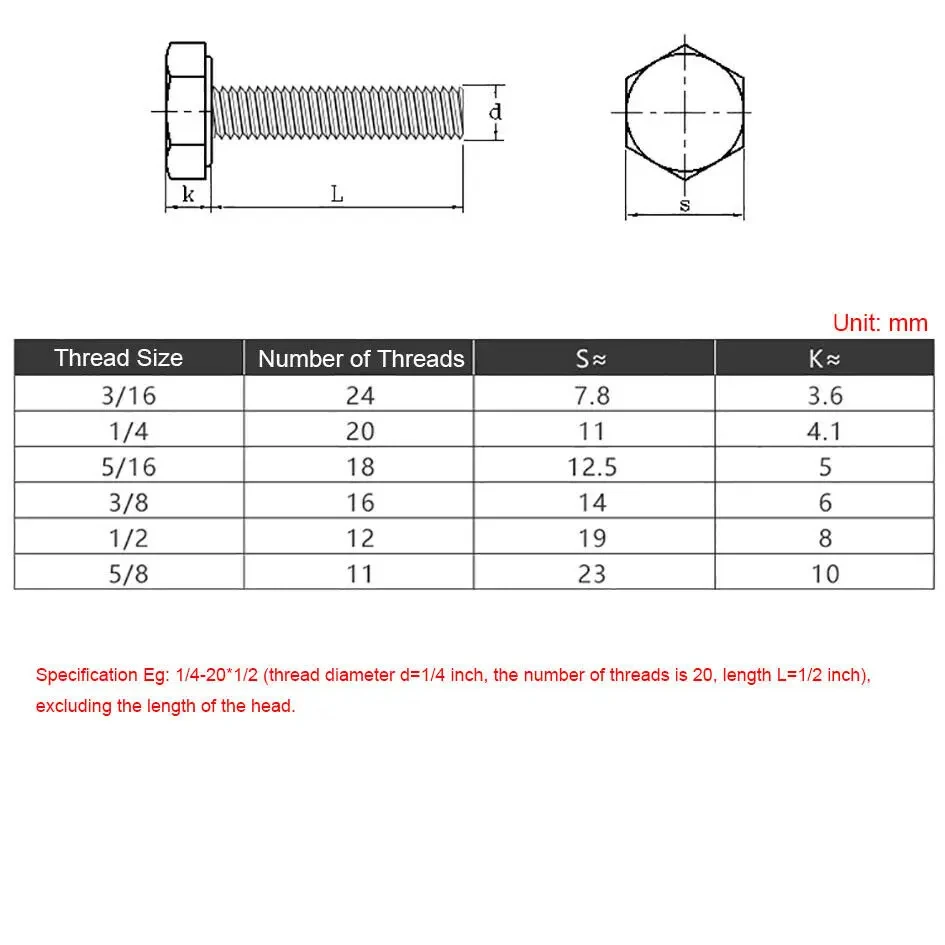 3/16-24 1/4-20 5/16-18 3/8-16 1/2-12 5/8-11 Anglo-American Standard External Hex Head Screw 304 Stainless Steel Hexagon Cap Bolt