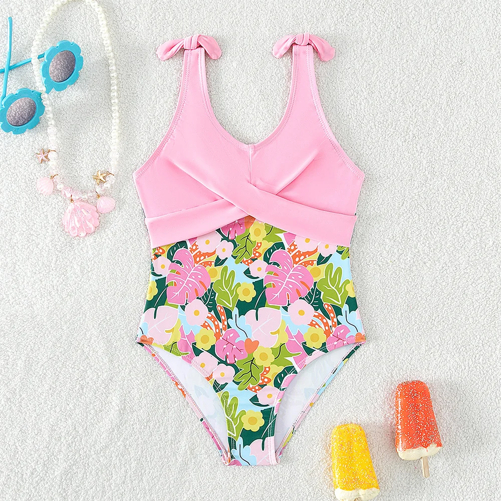 New Girls Pink Tropical Plant Print Swimsuit Children's Butterfly Strap One-piece Swimsuit Beach Wear