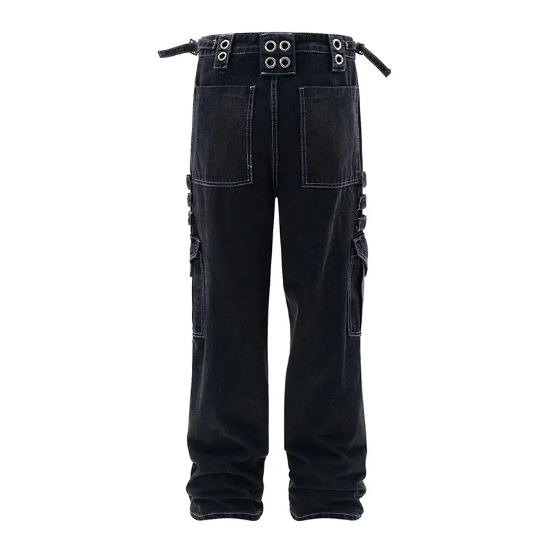 

Hip Hop Black Cargo Casual Jeans Pants Punk Style Streetwear Harakuju Denim Trousers For Male Patchwork