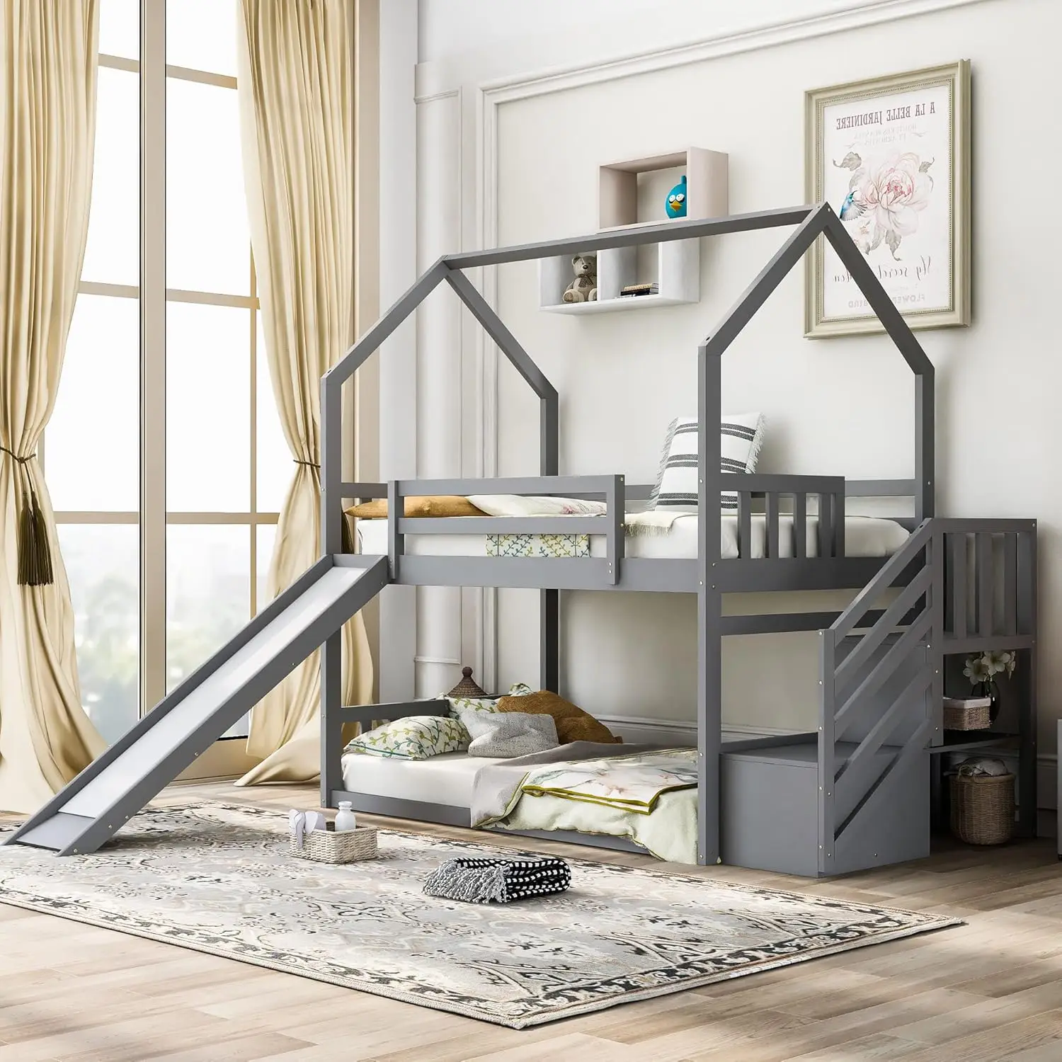 Twin Over Twin House Shaped Bunk Bed With Convertible Slide And Storage Stairs, Storage Staircase Can Be Placed Left Or Right,