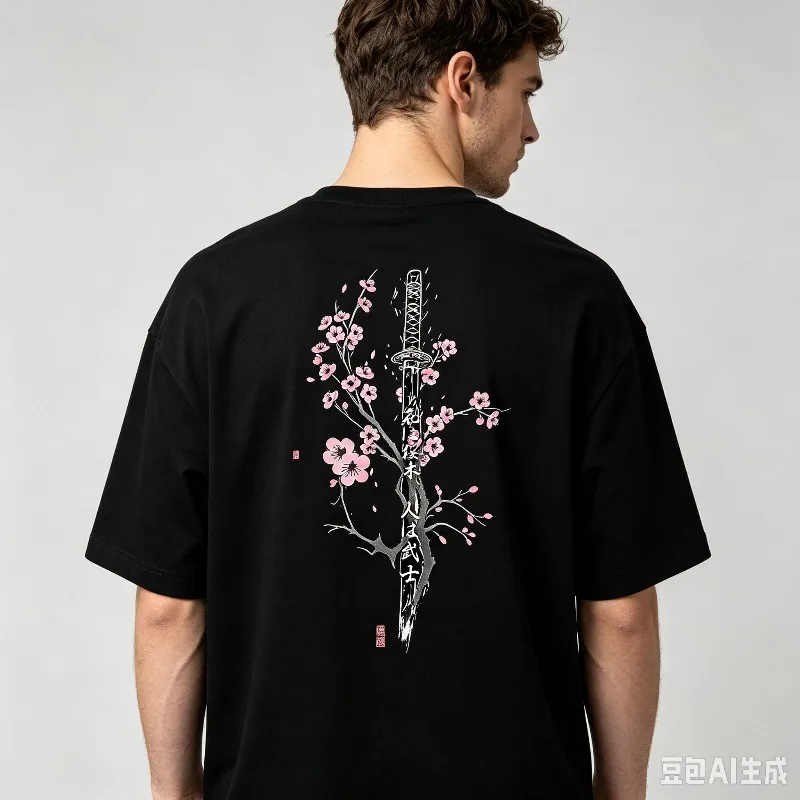 Cherry Blossom Samurai Sword Graphic T-Shirt Men’s Japanese Sakura Back Print Soft Modal Crewneck Tee Casual Top
