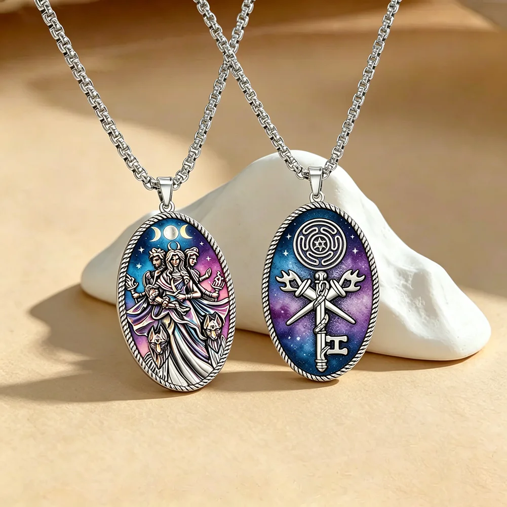 Triple Moon Goddess Hecate Pendant Necklace Vintage Hekate Amulet Witch Wiccan Magic Talisman Jewelry Box Chain Goth Gifts